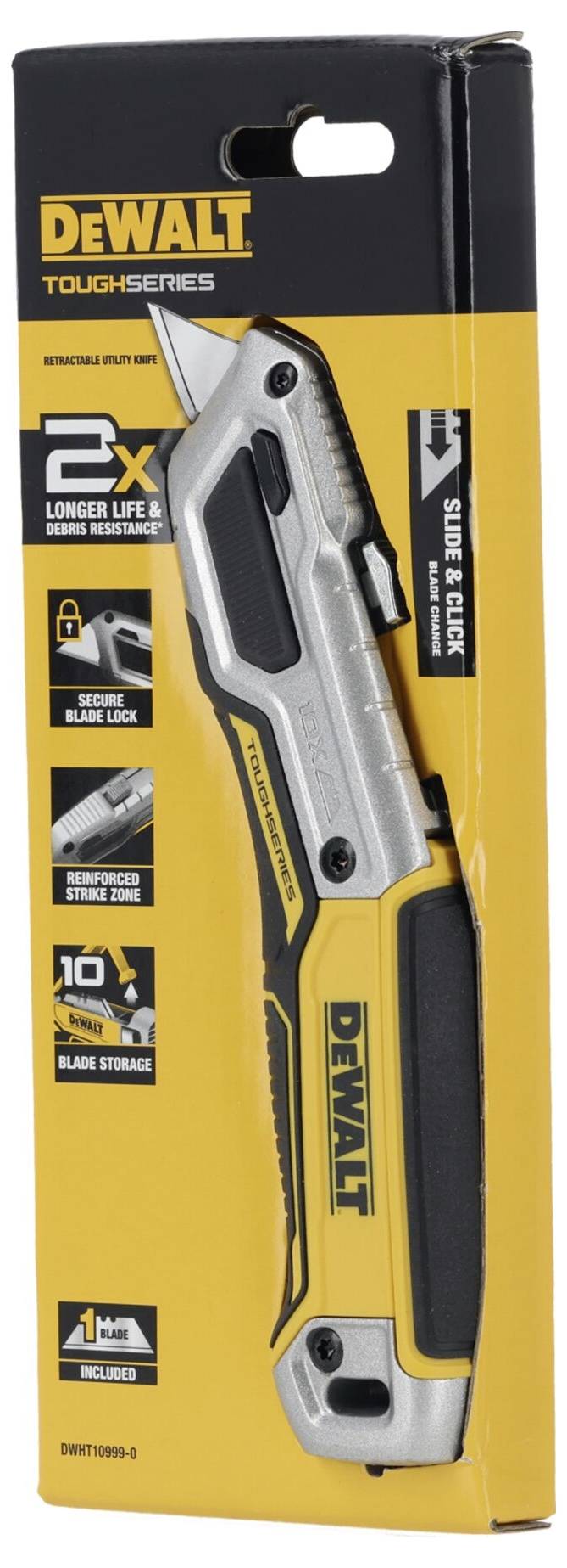Förpackning för en DeWalt-kniv, marknadsförd med dubbelt längre livslängd, utbytbara blad och inbyggt bladfack.