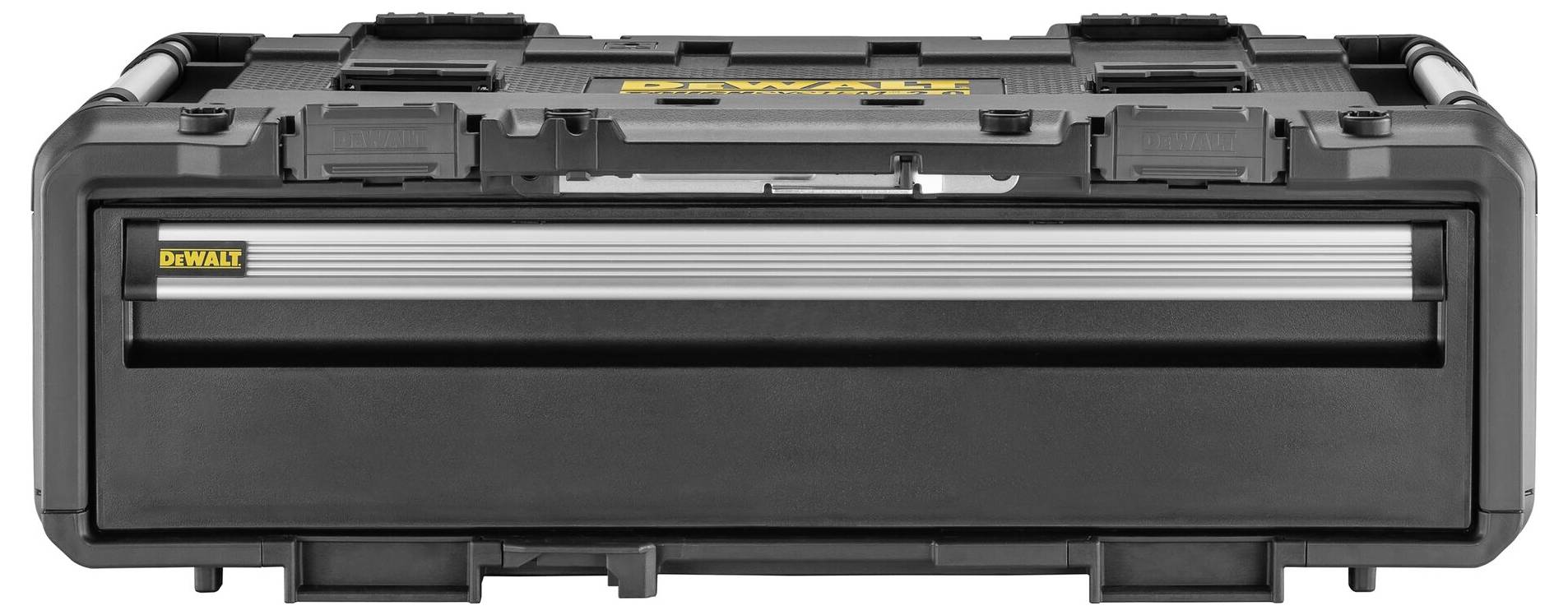 Robust svart verktygslåda i plast med metallhandtag och gul 'DeWalt'-logotyp på ovansidan. Perfekt för förvaring av verktyg.
