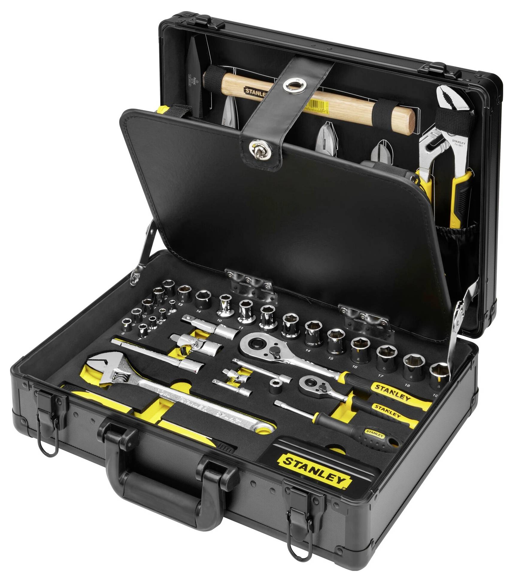 En öppnad verktygslåda med olika verktyg som hammare, skruvmejslar och hylsnycklar, prydligt arrangerade.