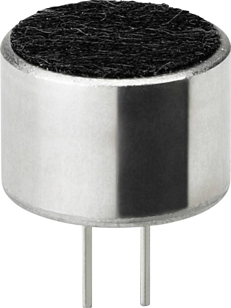 Ett cylindriskt mikrofonelement med två metallstift. Det har en svart ovansida och en silver kropp.