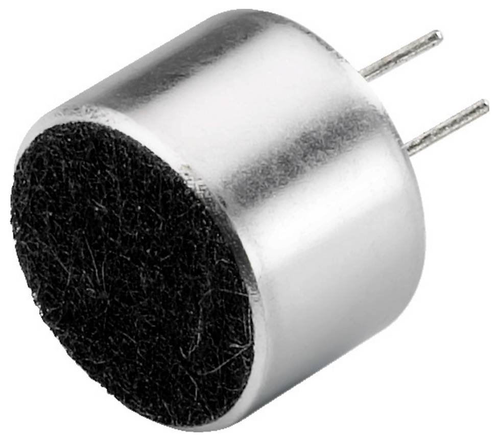 En cylindrisk mikrofonkapsel med två utstickande metallstift och en svart membranyta.