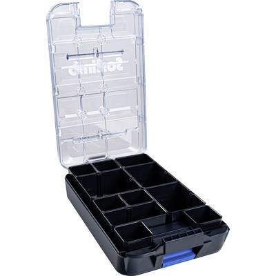 Öppnad sorteringsbox med flera fack för förvaring av smådelar, blå låsning och transparent lock.