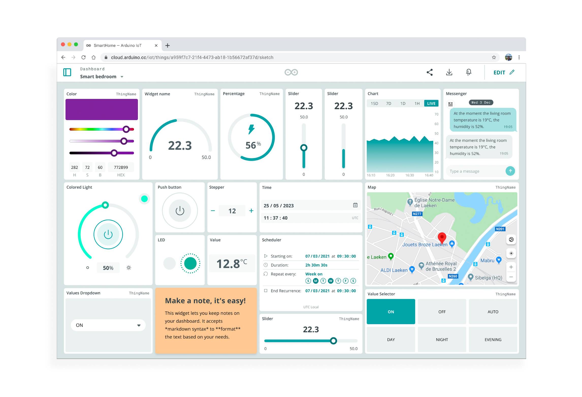 Instrumentpanel för Smart Home: Visar temperatur, luftfuktighet, ljuskontroll, schema, diagram och kartplats.