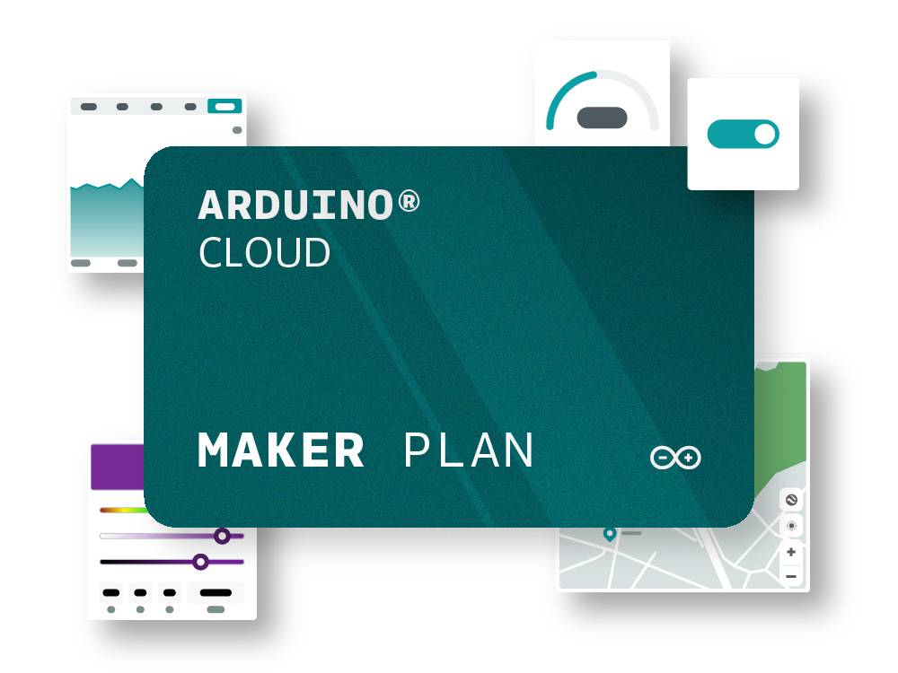 En digital karta med texten 'Arduino Cloud Maker Plan', omgiven av symboler för diagram, karta och switch.