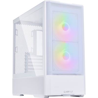 Vitt PC-hölje med genomskinlig sidopanel, två lysande RGB-fläktar framtill och minimalistisk design.