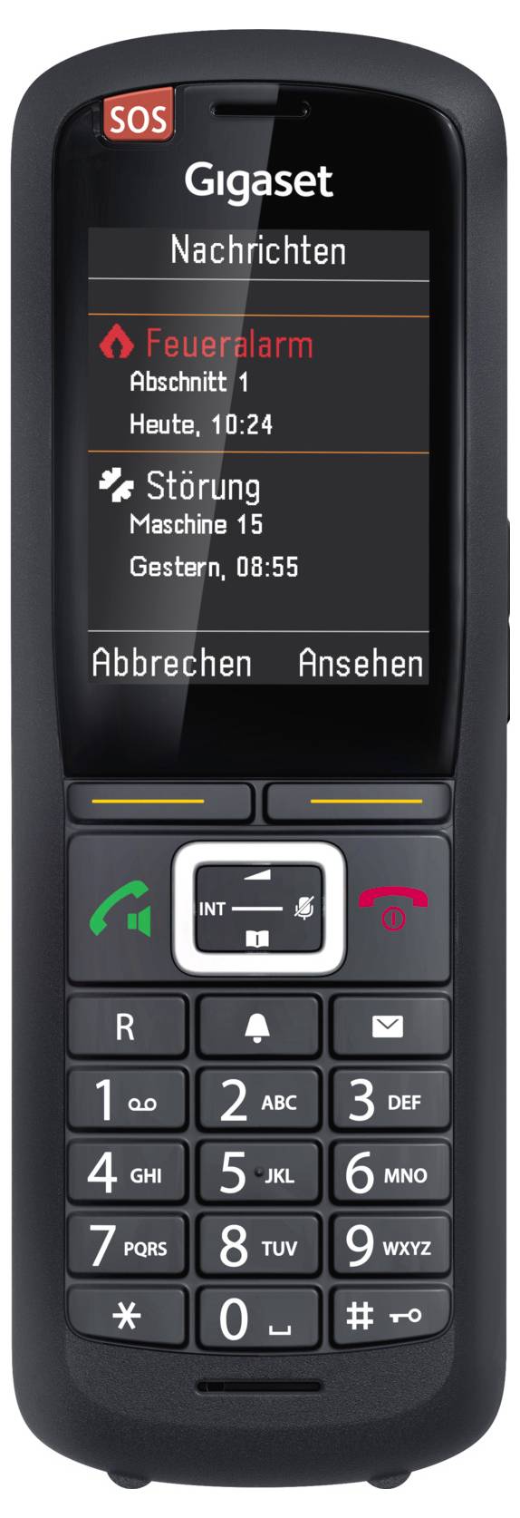 En mobiltelefon med en skärm som visar 'Brandalarm Sektion 1, Idag, 10:24' och 'Maskinfel 15, Igår, 08:55'.