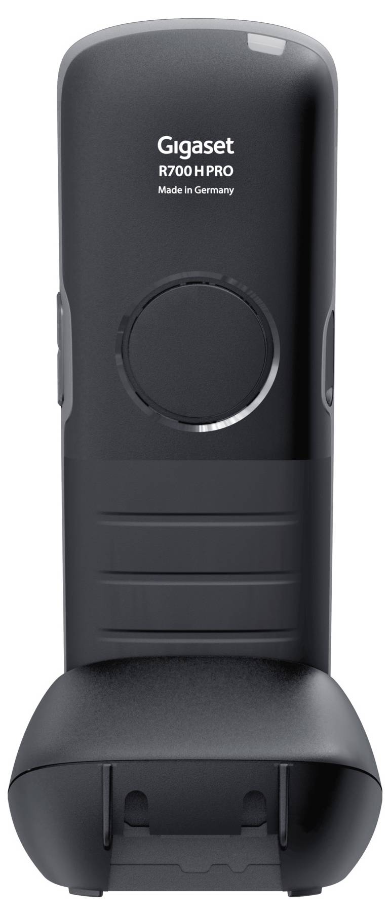 Gigaset R700H PRO Mobilteil i laddningsstation, svart robust design, 'Made in Germany' text överst, lämplig för affärsmiljöer.