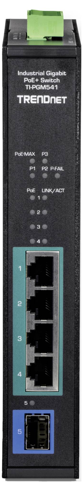 TRENDnet industriell Gigabit PoE+ Switch. Vertikalt enhetsdesign med fyra Ethernet-portar och en SFP-port, lämplig för industriella nätverk.