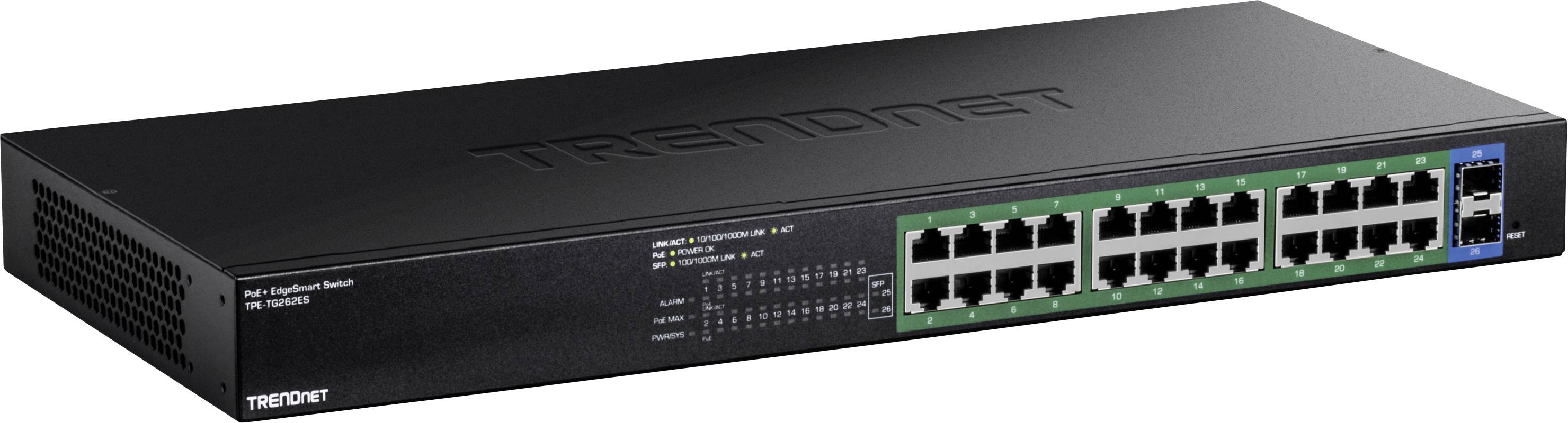 En svart nätverksswitch med 24 Ethernetportar för trådbundna anslutningar, lämplig för användning i större nätverk.