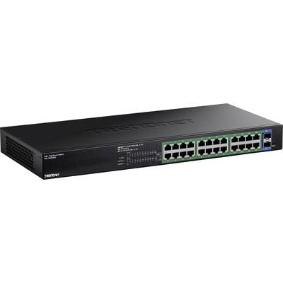 En svart nätverksswitch med 24 Ethernetportar för trådbundna anslutningar, lämplig för användning i större nätverk.