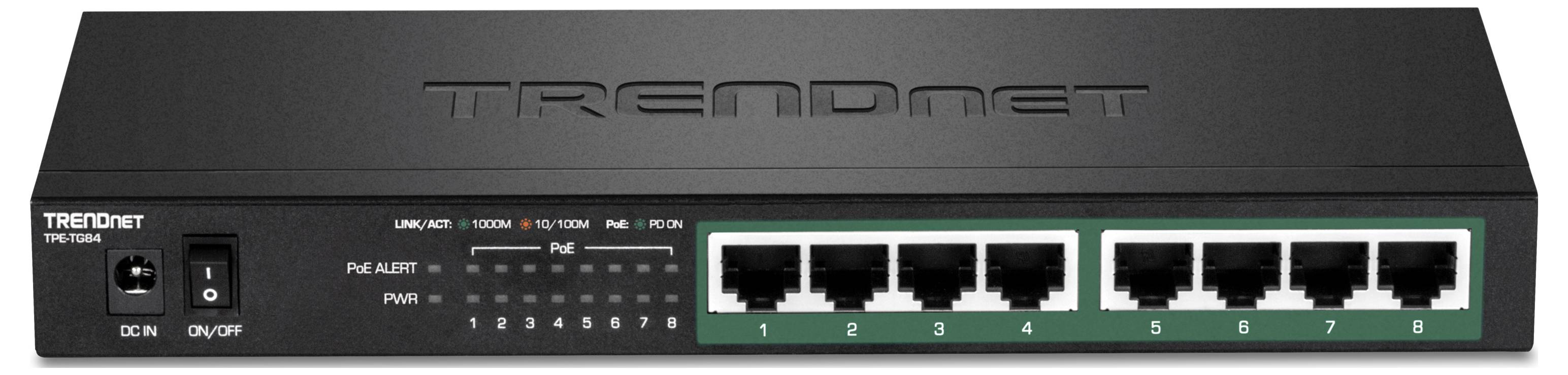 En svart nätverks-switch från märket TRENDnet med åtta Ethernet-portar på framsidan. Till vänster finns en på-/avstängningsknapp och LED-indikatorer.