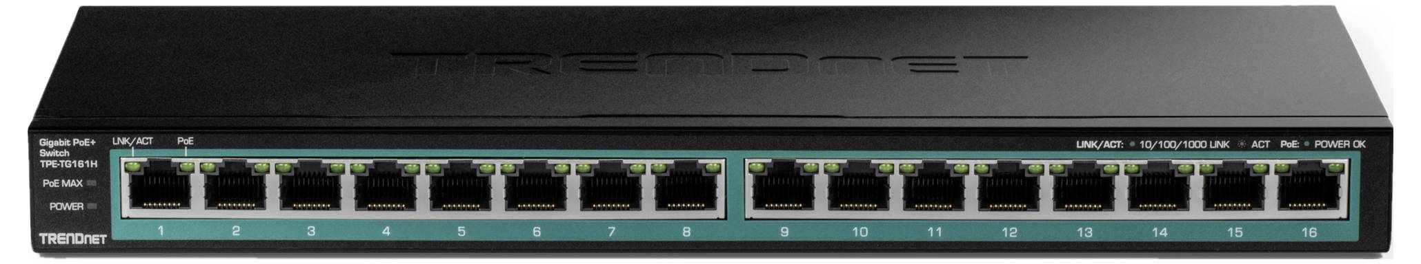 En 16-ports Gigabit Ethernet-switch, lämplig för nätverksinstallationer, erbjuder anslutningar för flera enheter och snabb dataöverföring.