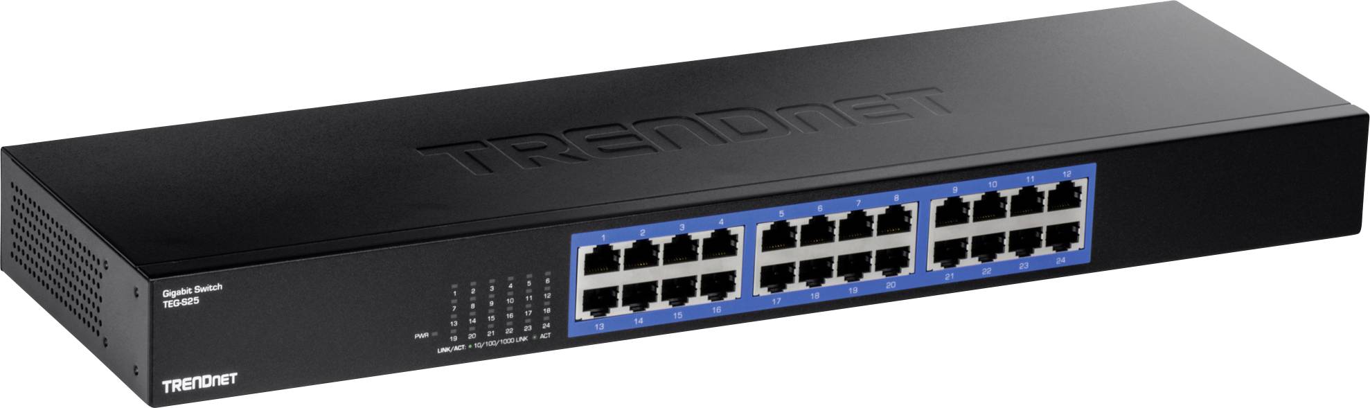 En nätverksswitch med 16 Ethernet-portar på framsidan, 'TRENDnet' ingraverat på ovansidan. Perfekt för större nätverksmiljöer.