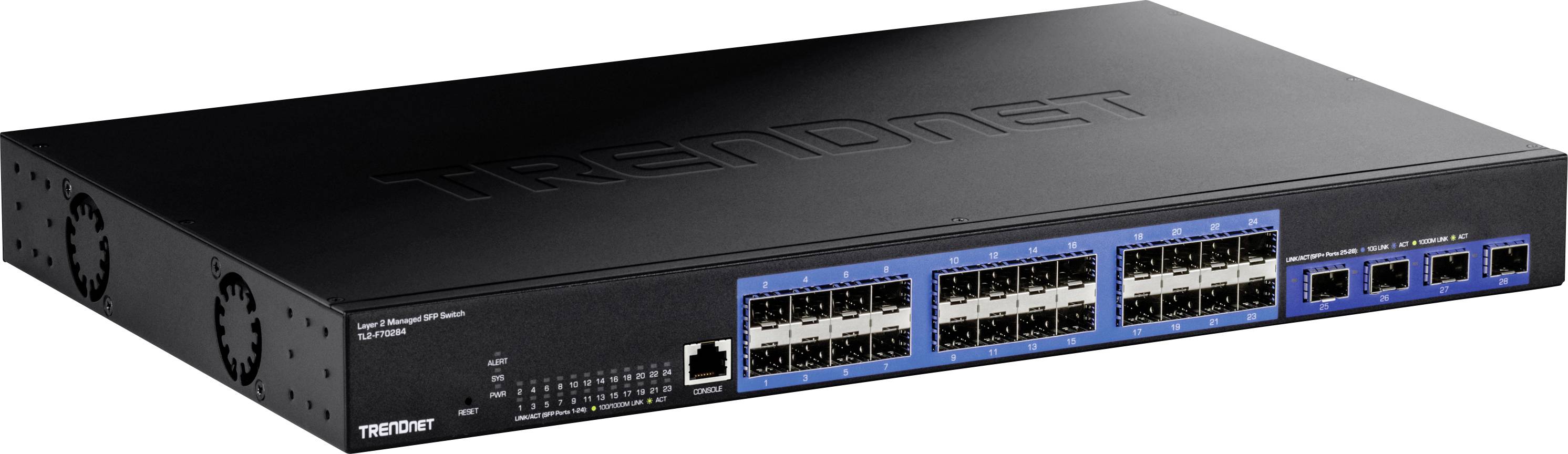 Svart TRENDnet nätverksswitch med flera Ethernet-portar, lämplig för höga dataöverföringshastigheter i IT-miljöer.