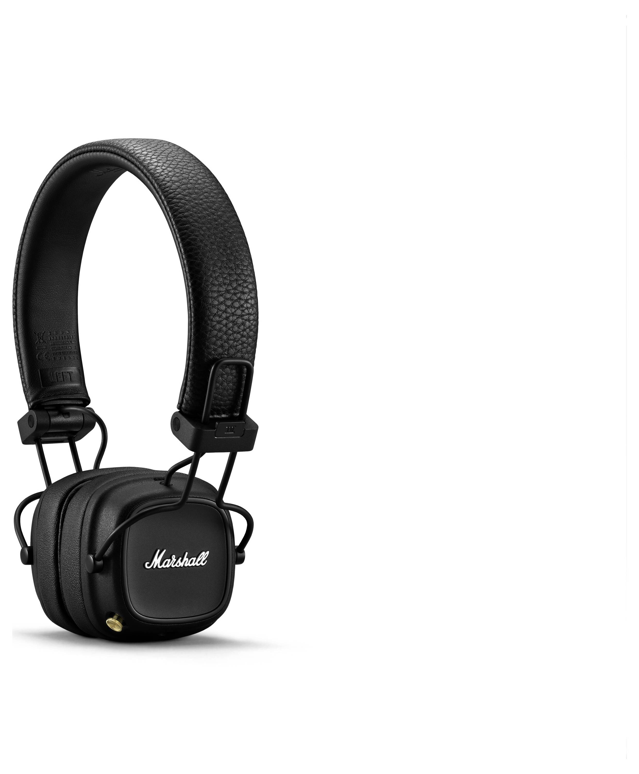 Svarta on-ear-hörlurar med 'Marshall' logotyp på kåporna. De har en enkel, modern design med vadderad båge.
