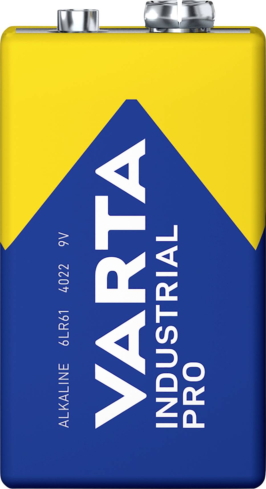 En rektangulär, gul-blå 9V Varta-batteri, märkt med 'Industrial Pro', lämplig för industriellt bruk.