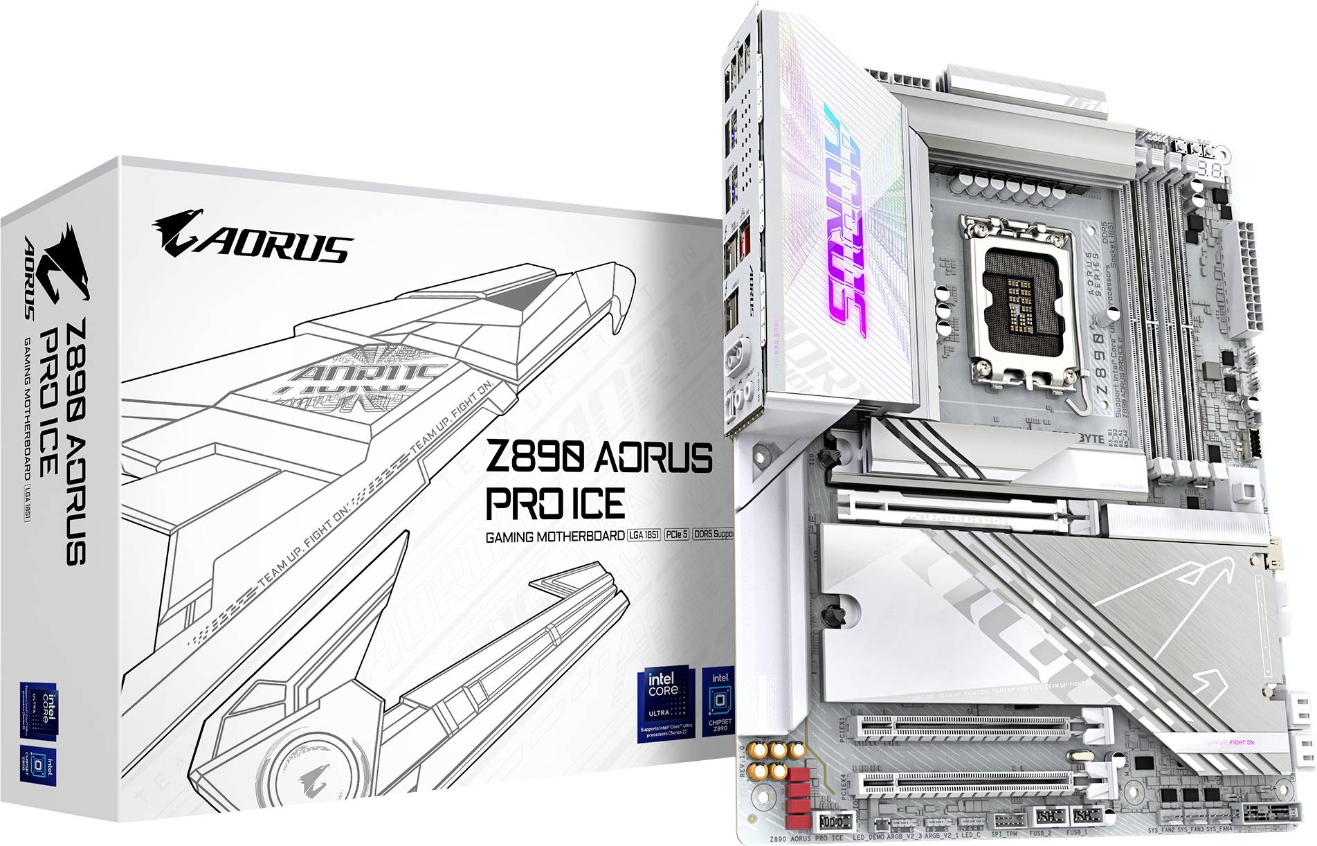 Datormoderkort med texten 'Z690 AORUS PRO ICE', som stöder Intel-processorer, i silver, bredvid förpackningen.