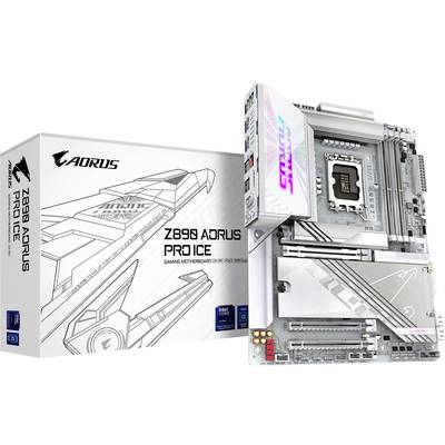 Datormoderkort med texten 'Z690 AORUS PRO ICE', som stöder Intel-processorer, i silver, bredvid förpackningen.
