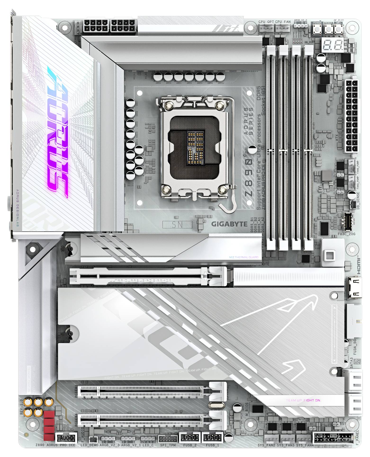 Ett silverfärgat Gigabyte Aorus Z790 Elite AX2-moderkort med ett distinkt Aorus-logo. Visar expansionsplatser, kylkroppar och anslutningsalternativ.