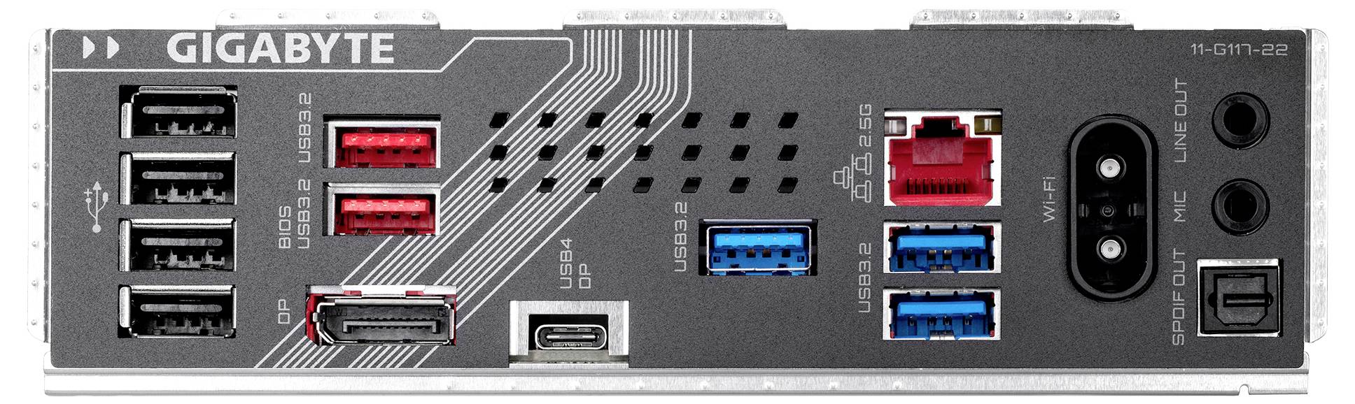 Anslutningar på en PC-baksida: diverse USB-portar, HDMI, Ethernet, ljudanslutningar. Märke: Gigabyte.