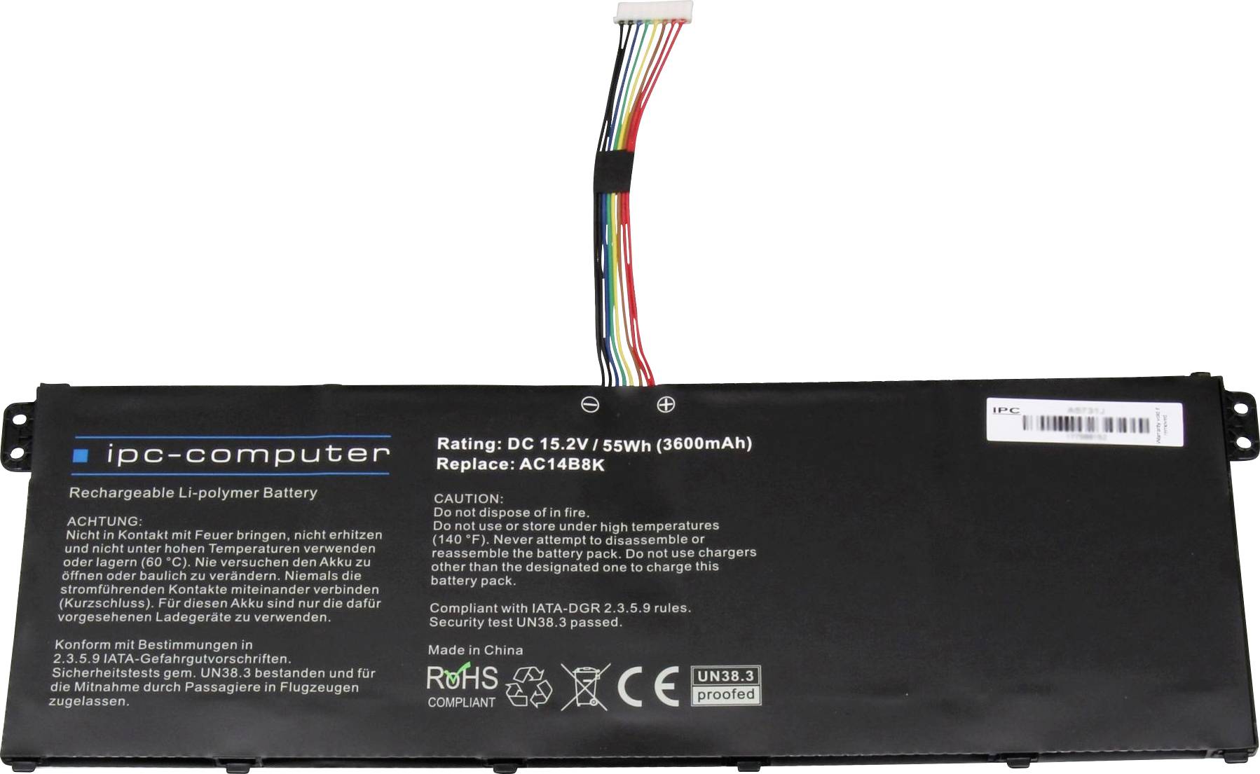 Svart Litium-polymer-batteri med varningsanvisningar och tekniska specifikationer, såsom en nominell effekt på 55Wh och ersättningstyp AC14B8K.