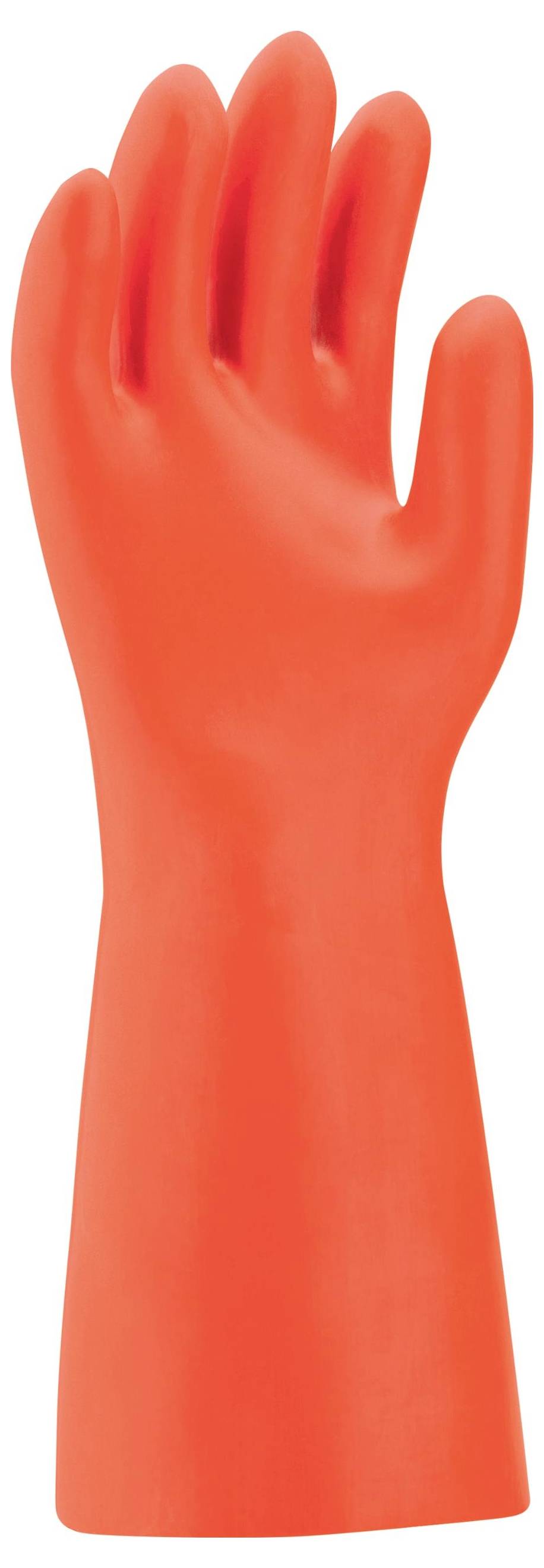 En enskild orange gummihandske i upphöjt läge, symboliserar skydd eller rengöring.