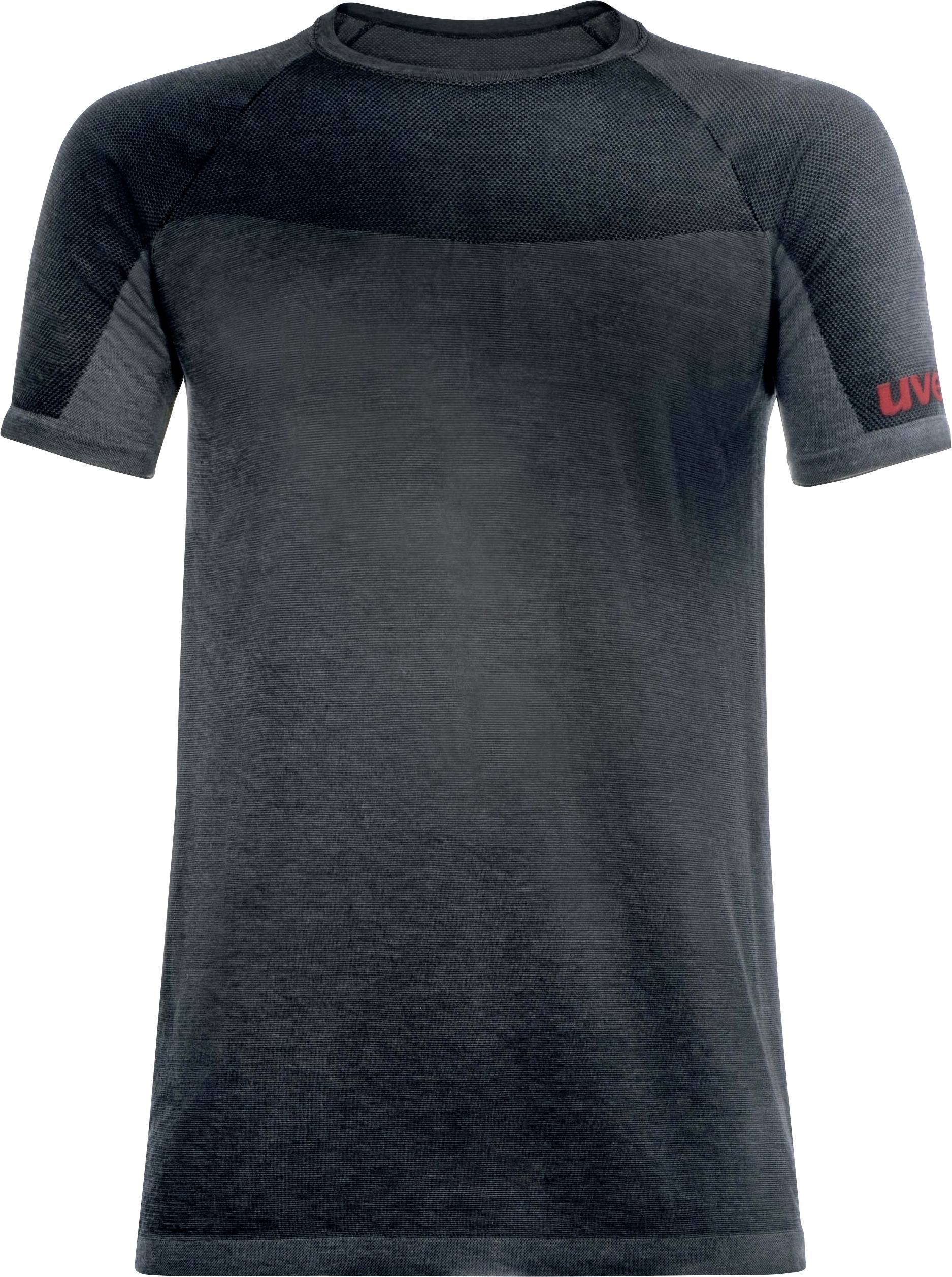 Svart T-shirt med korta ärmar och en röd 'Uvex'-logotyp på vänster ärm.