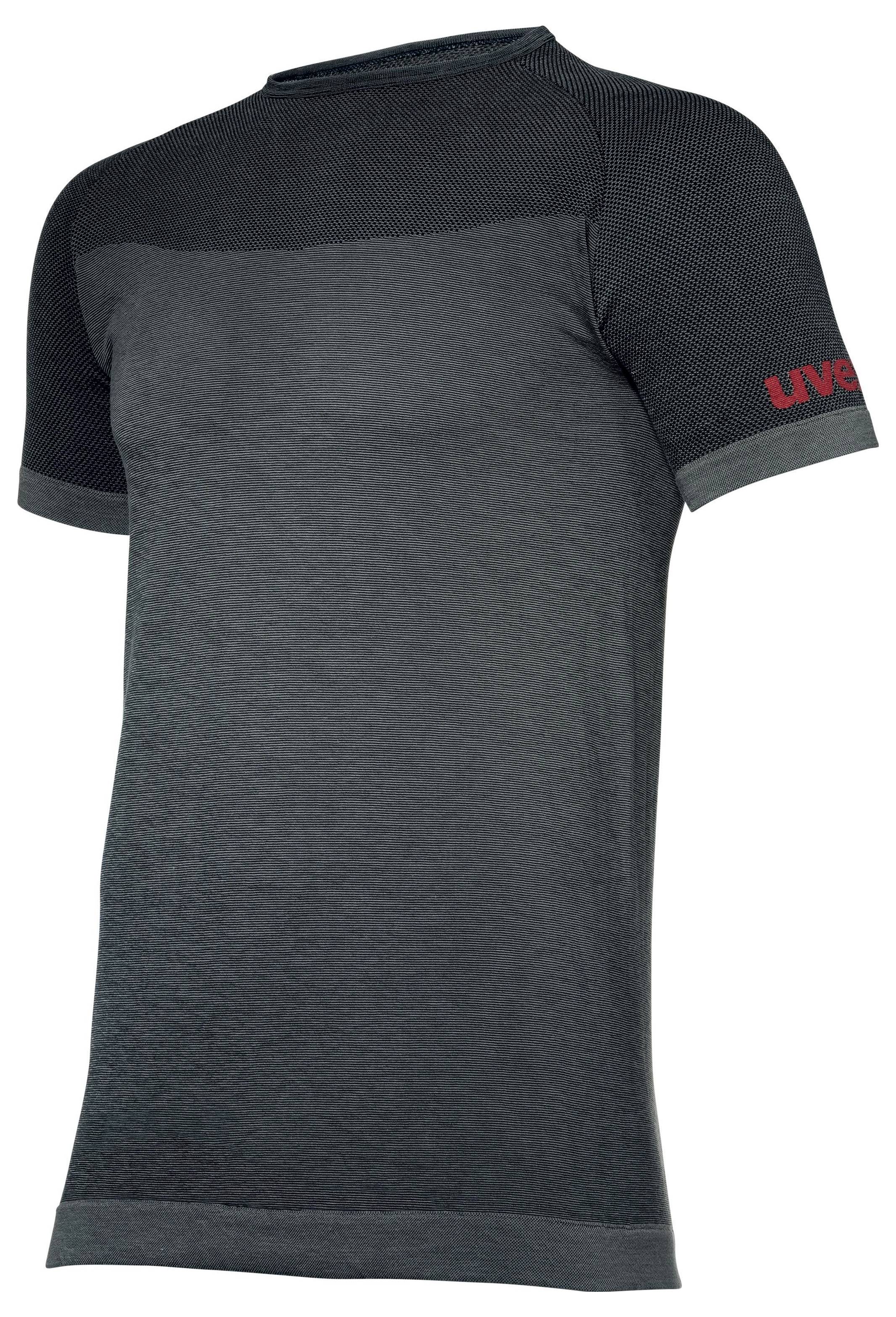 Mörkgrå funktions-t-shirt med korta ärmar. På höger ärm syns texten 'uvex' i rött.