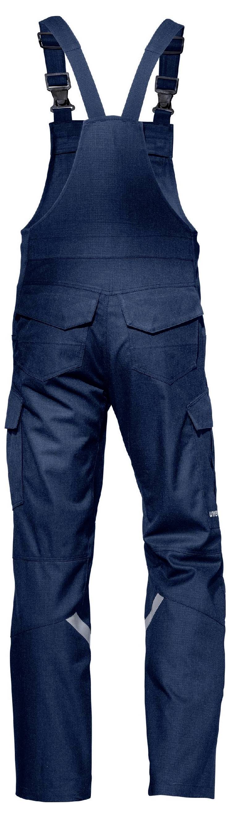 Mörkblå overall gjord av slitstarkt material med flera fickor och justerbara axelband, visad bakifrån.