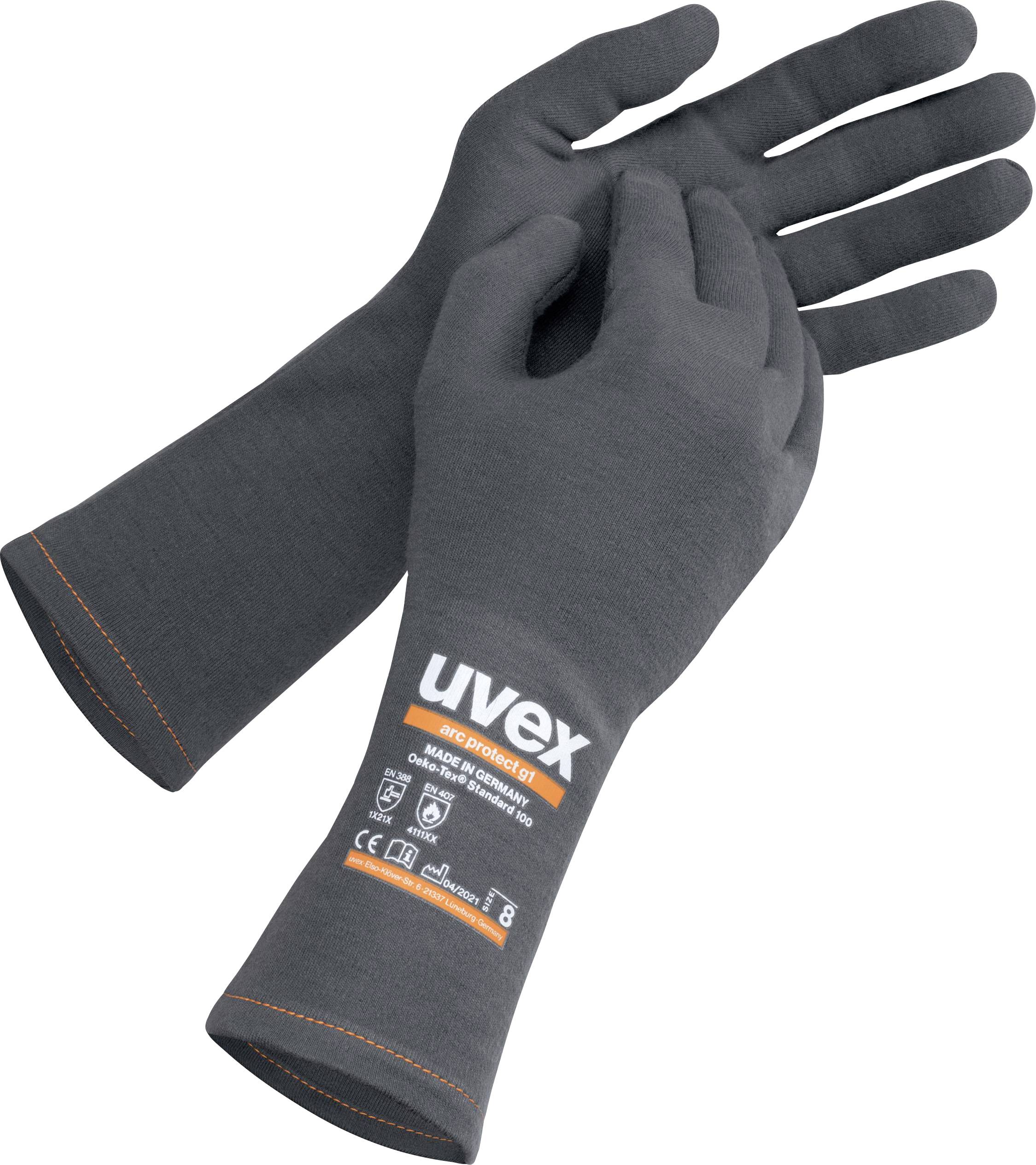 Två grå skyddshandskar med 'uvex'-logotypen på handryggen. De är lämpliga för användning inom industrin.
