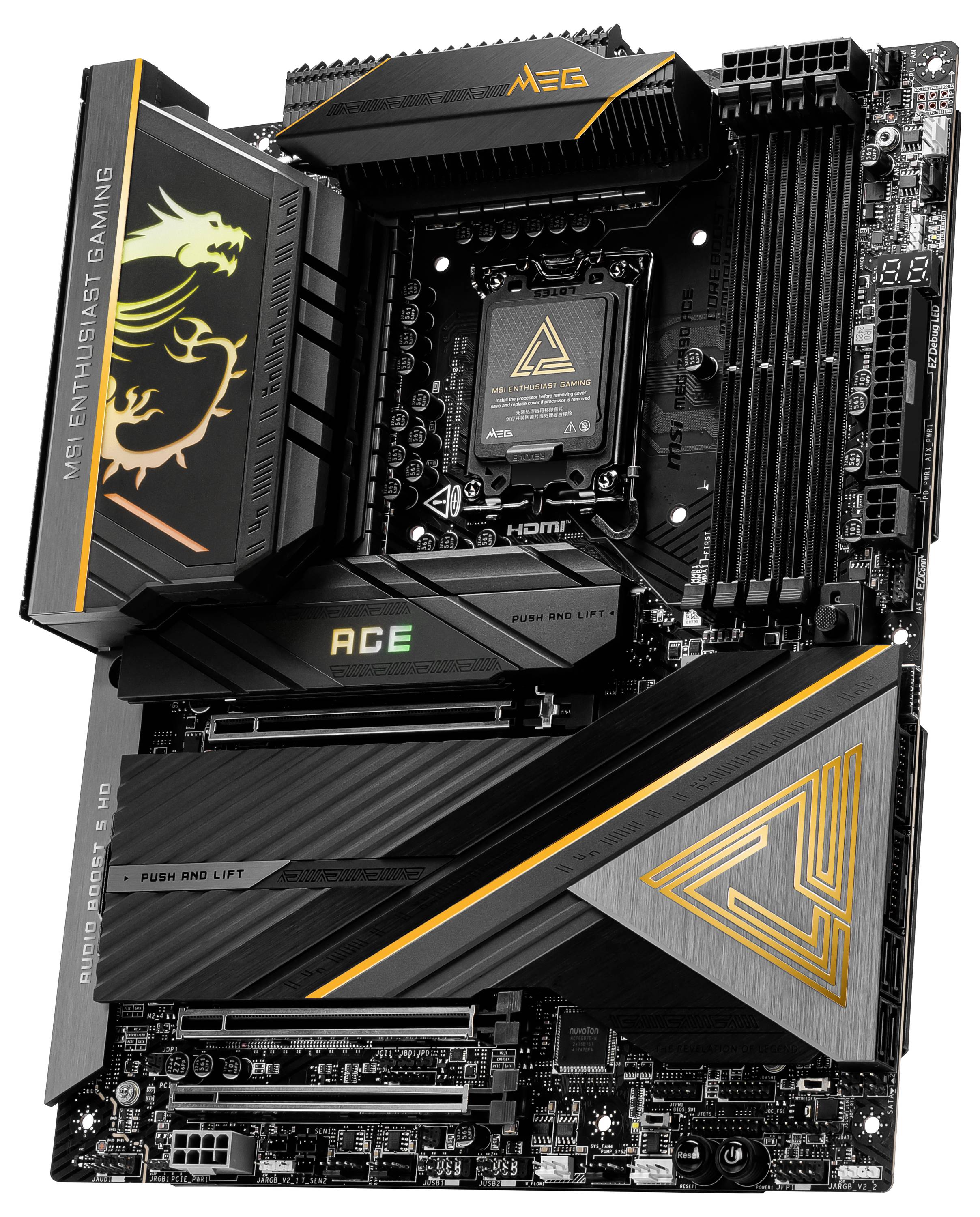 Ett datormainboard med karakteristiska guldiga accenter och texten 'ACE'; optimerat för gaming.