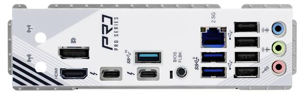 Baksidan av ett moderkort för dator med olika anslutningsalternativ, däribland USB-portar, HDMI och LAN-anslutning.
