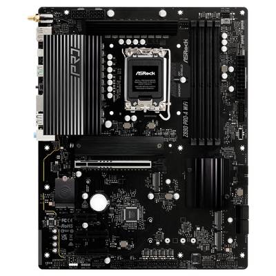 Moderkort med ASRock-logotyp, visar CPU-socket, RAM-platser och kylflänsar. Lämplig för datorbygge eller -reparation.