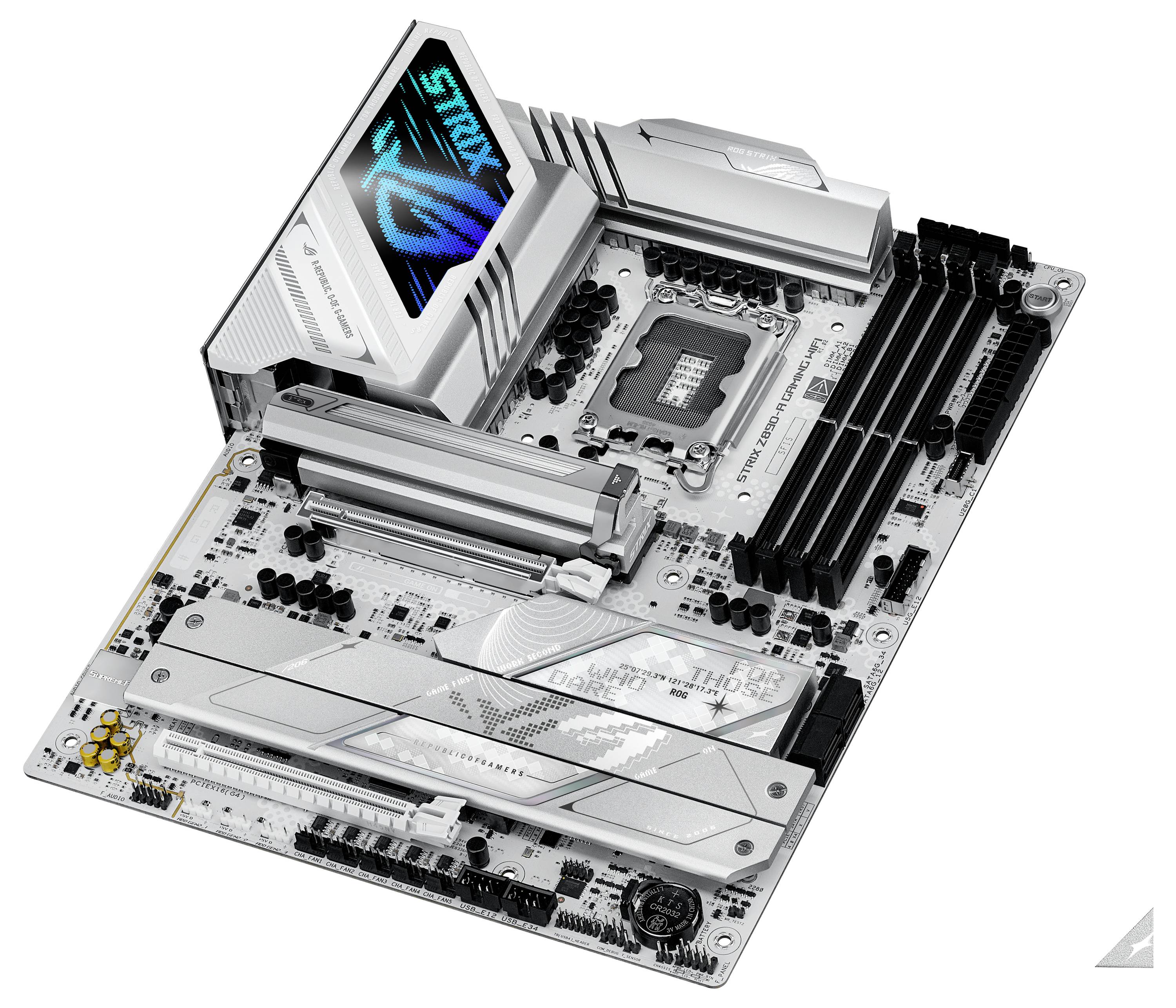 Ett vitt moderkort med texten 'STRIX' på en skärm. Innehåller RAM-platser, CPU-sockel och olika anslutningar.