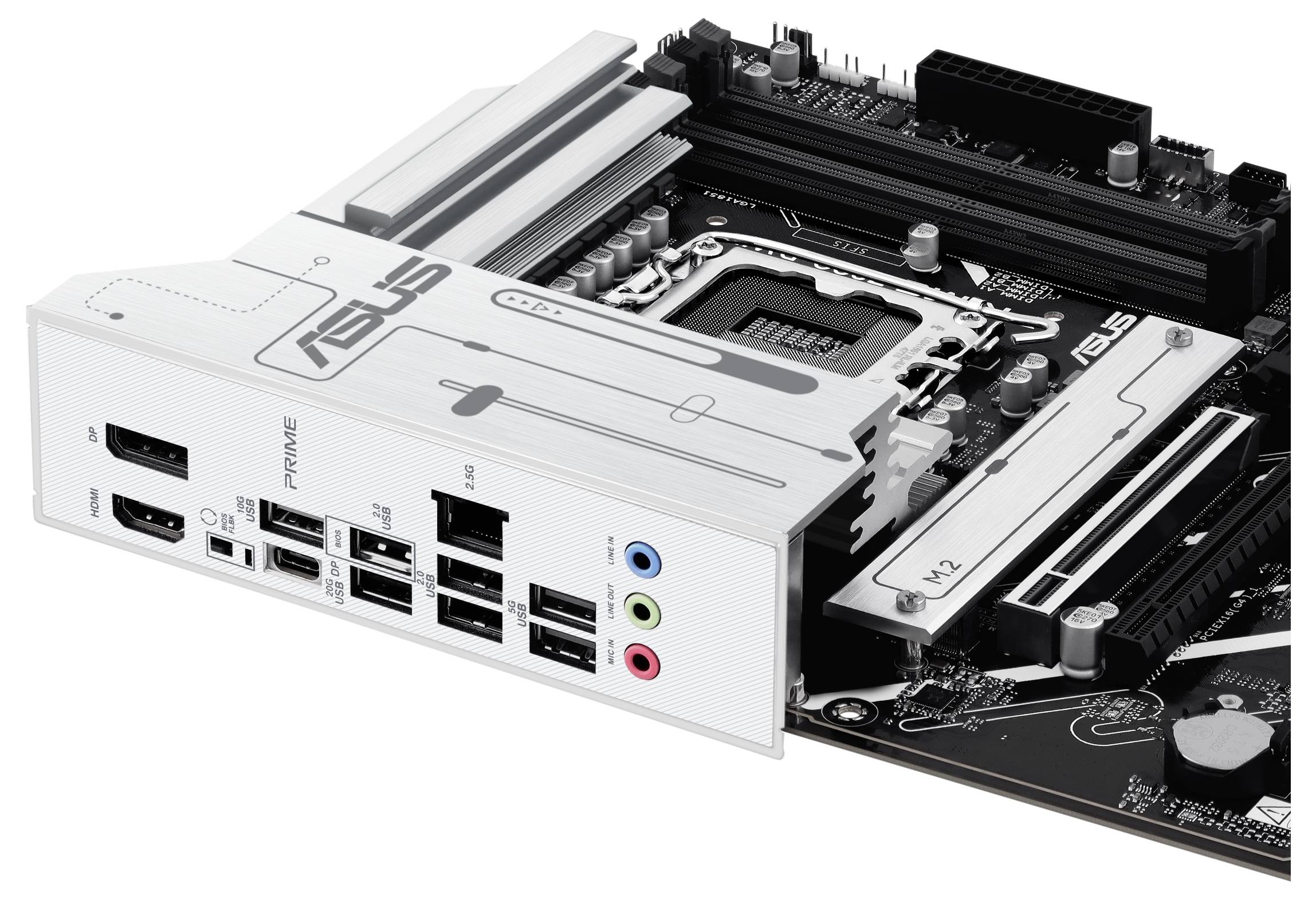 En baksida av ett ASUS-moderkort visar olika anslutningar, däribland HDMI, USB, Ethernet och ljud.