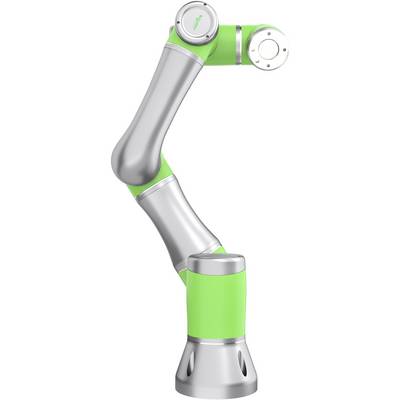 En grön och silverfärgad robotarm i fyra segment, rörlig och designad för industriella tillämpningar.