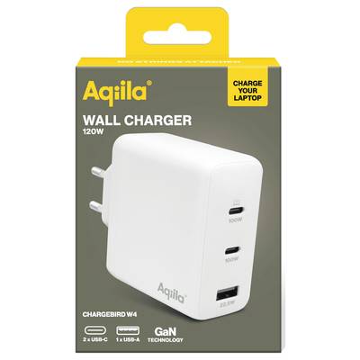 Vit väggmonterad laddarlåda med 'Aqiila' märke. Detaljer: 120W effekt, 2 USB-C och 1 USB-A portar. Lämplig för laptopladdning. GaN-teknologi.