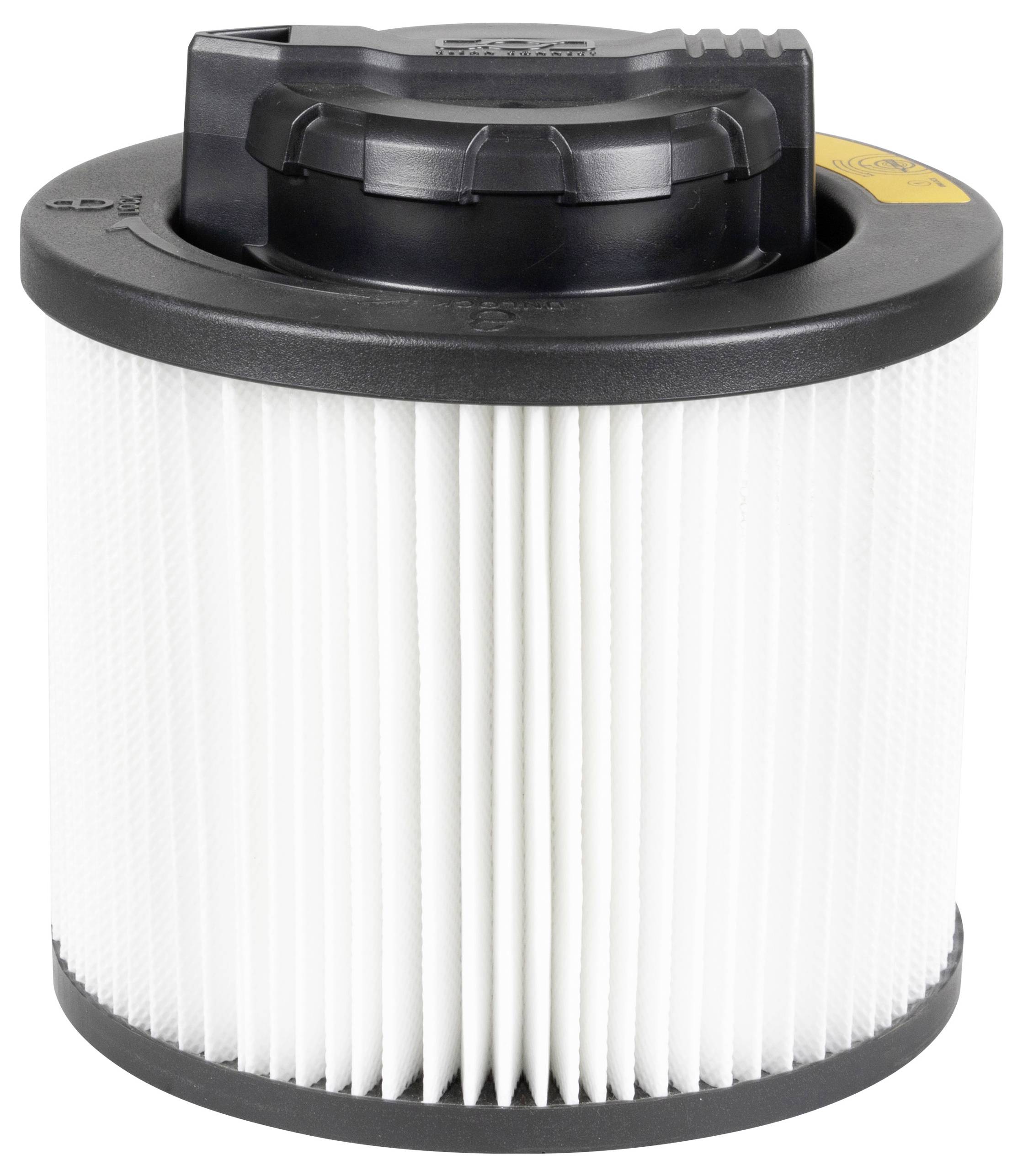Ett vitt cylindriskt luftfilter med svart lock, som används i dammsugare och luftrenare.