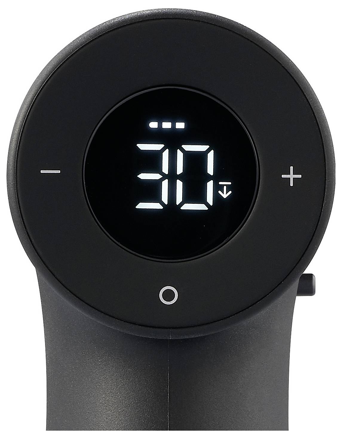 En rund digital display visar '30' grader Celsius. Till vänster och höger finns plus- och minustecken för temperaturinställning.