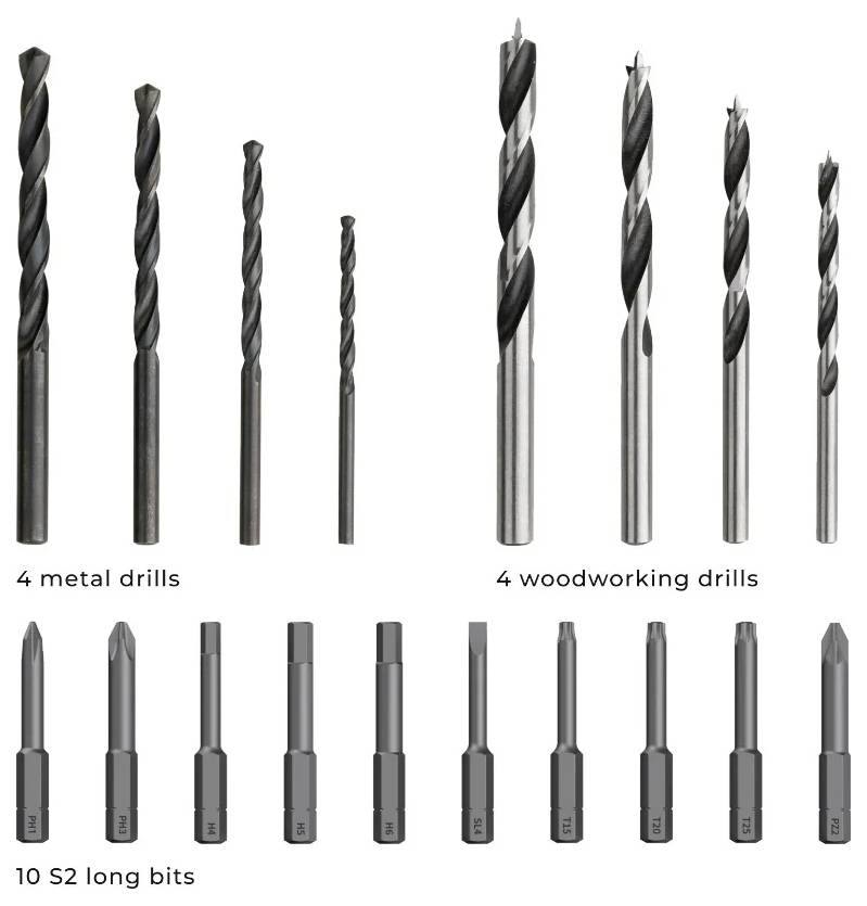 'Bild som visar 4 metallborrar, 4 träbearbetningsborrar och 10 S2 långa bits placerade i separata rader för jämförelse.'