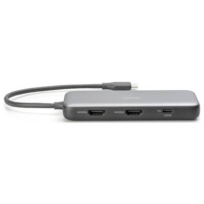 En grå USB-C-hubb med två HDMI-portar och en USB-C Power Delivery-port, lämplig för 4K-videoöverföring.