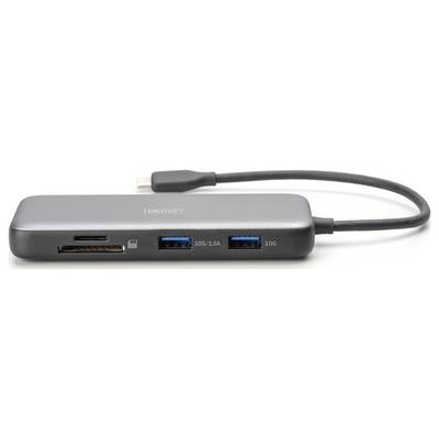 En grå USB-C-hubb med anslutningar för HDMI, SD-kortläsare och två USB-portar. Ansluter flera enheter till en dator.