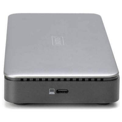 Extern hårddisk i metallhölje, silverfärgad, med USB-C-anslutning.