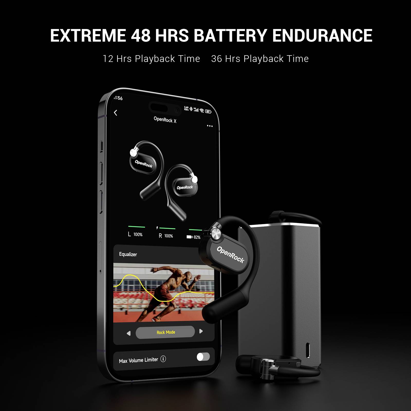 Hörlurar och smartphone-app visar 'Extrem 48 timmars batteritålighet'. 12 timmars musik, 36 timmars laddningsetui.