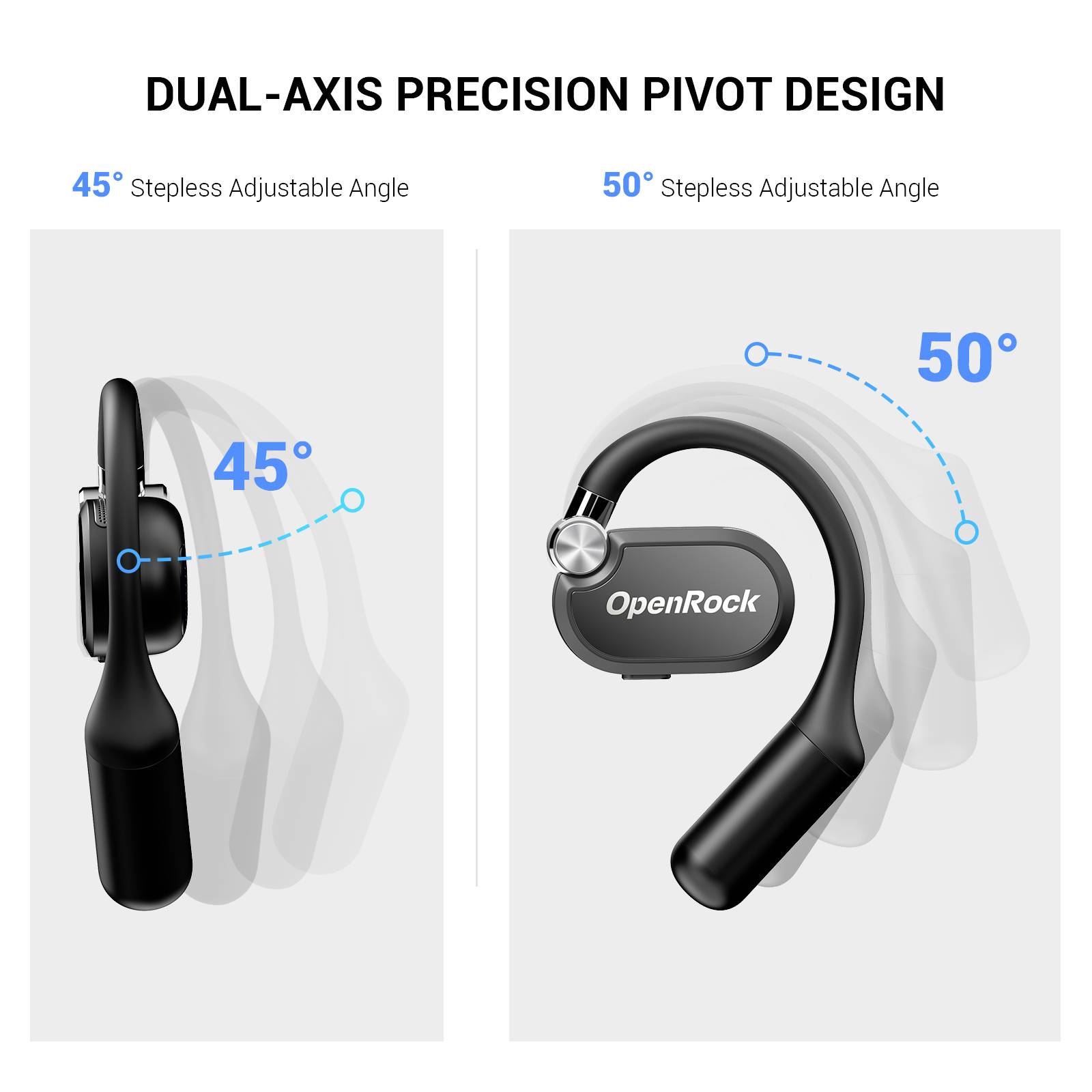 'Öronsnäckor med dubbel axel, precision i svängdesign. Vänster sida: 45° justerbar vinkel utan steg, höger sida: 50° justerbar vinkel utan steg; Märke "OpenRock".'