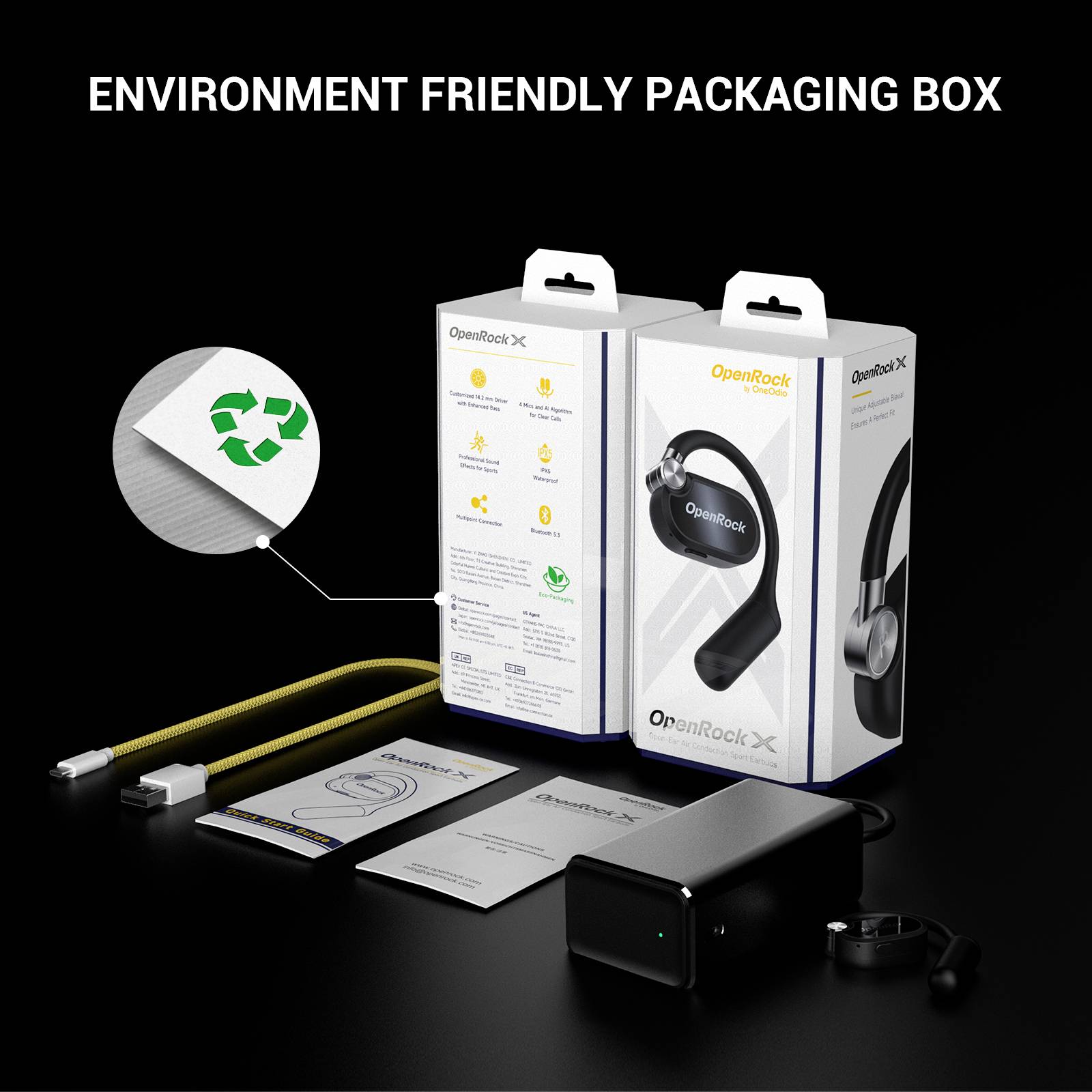 Förpackning och tillbehör till ett trådlöst headset med märkningen 'Miljövänlig förpackning'. Innehåller kabel, instruktionsmanual och laddare.