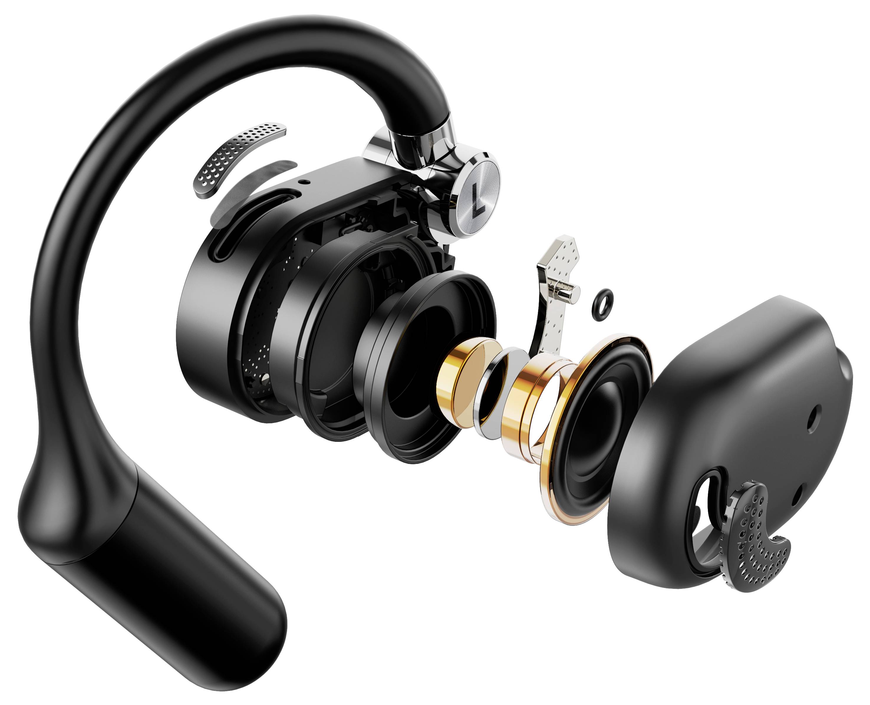 Explosionsritning av en Bluetooth-hörlurar: visar de inre komponenterna och konstruktionen, inklusive högtalare och höljets delar.