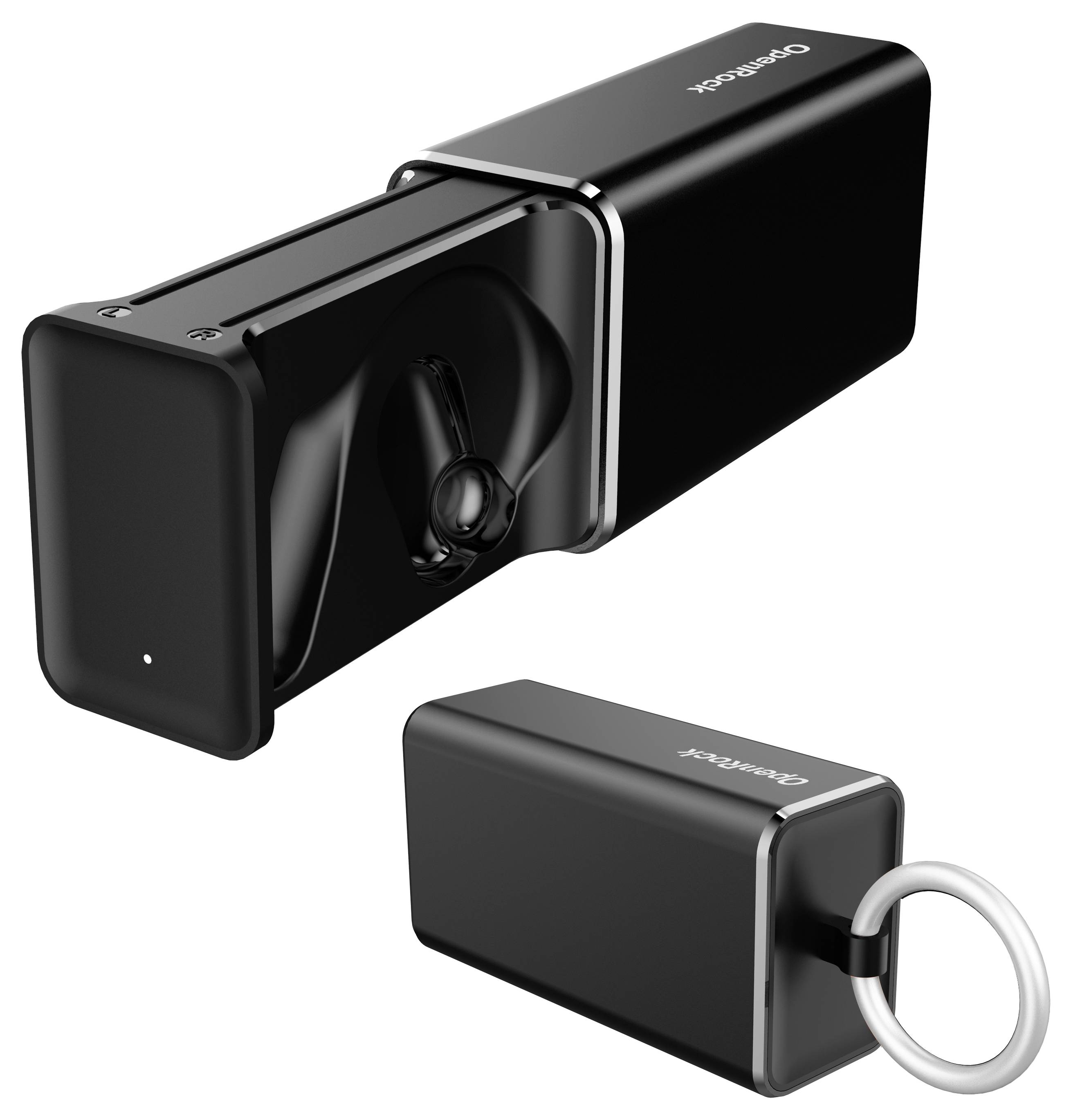 En modern, svart nyckelväska med blank finish och integrerad ring för att hålla nycklar, placerad på vit bakgrund.