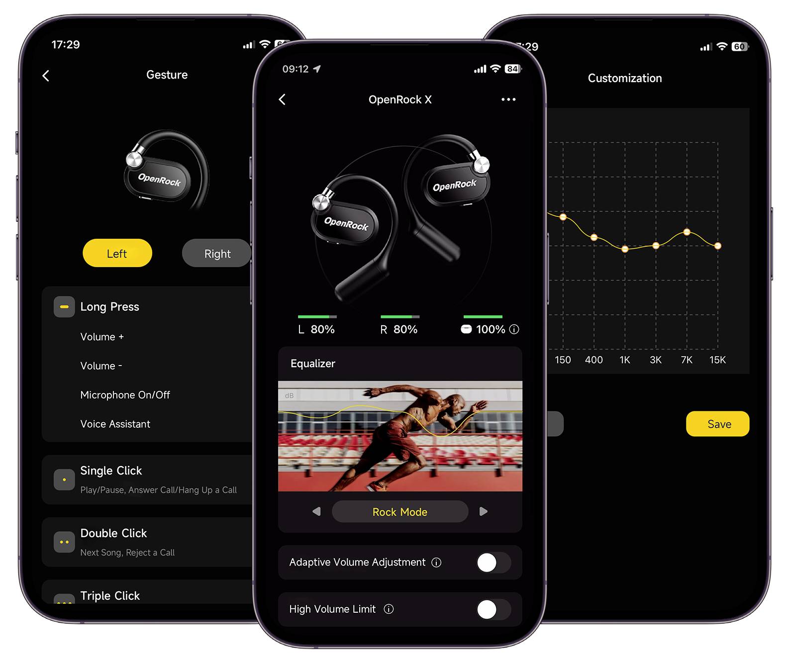 Tre smartphoneskärmar med en app för styrning av hörlurar: Vänster knappkonfigurationer, mitten equalizerinställningar, höger ljuddiagram.