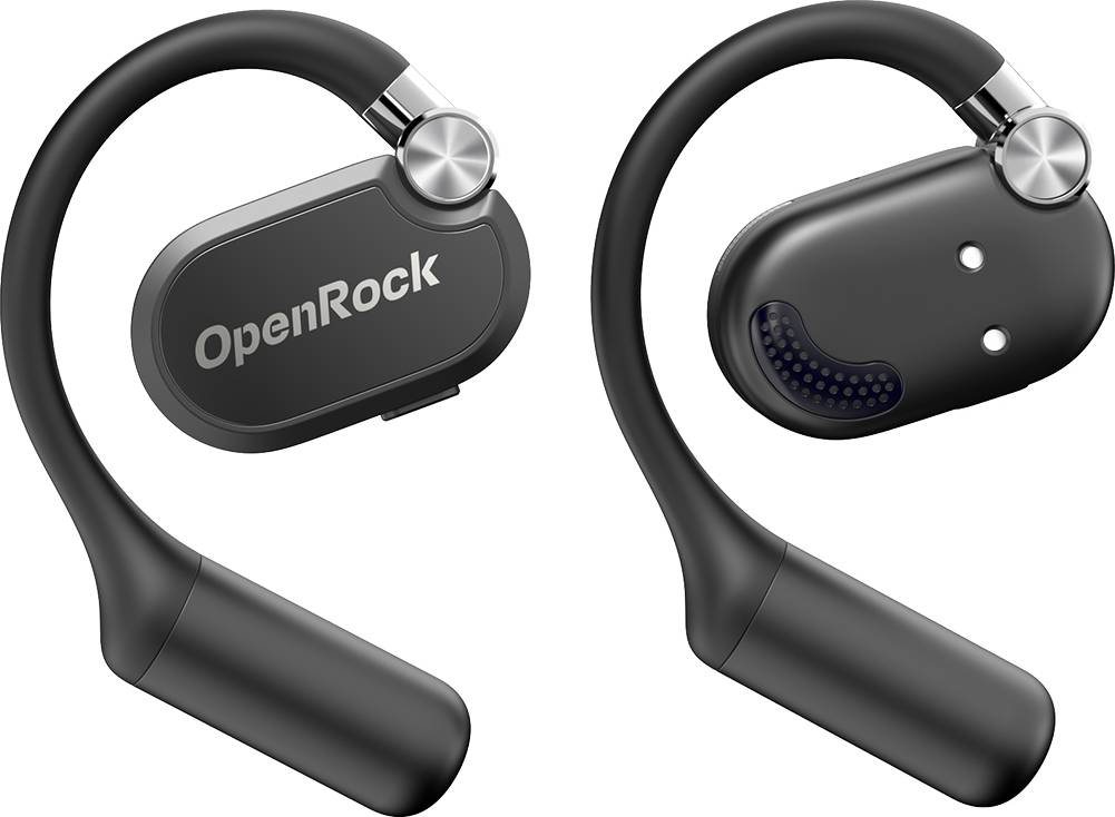 Trådlösa svarta hörlurar med ergonomisk design som bärs runt örat; ena sidan visar logotypen 'OpenRock'.